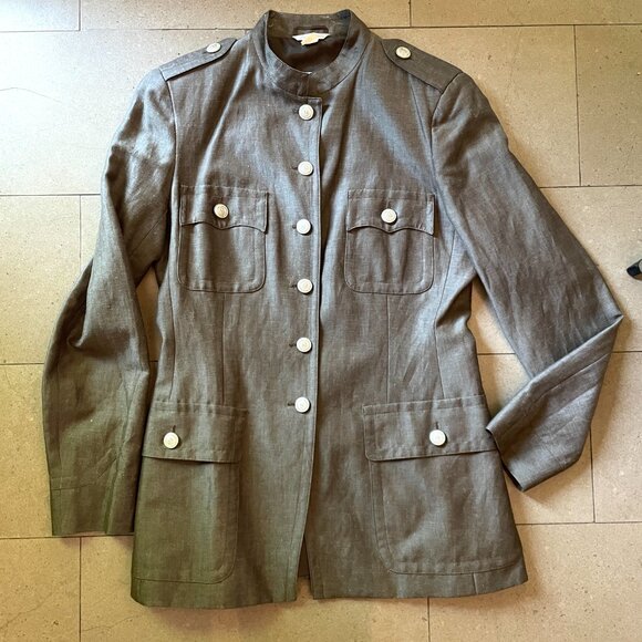 Max Mara Military Brown Jacket Logo Buttons Linen/Wool Blend-Sz.10 - Picture 1 of 13